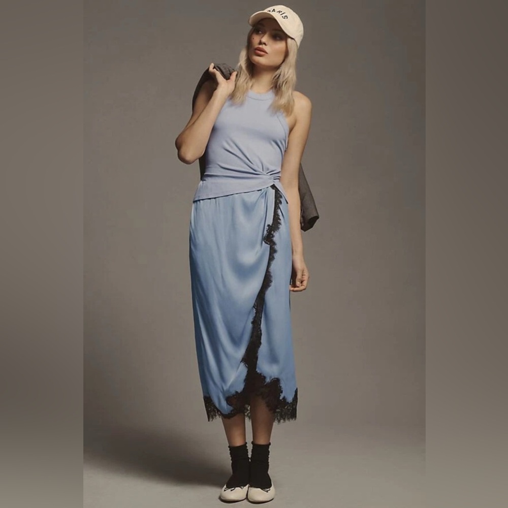 ANTHROPOLOGIE The Keeley Twofer Midi Dress NWT XXS blue Lavender Wrap dress Lace